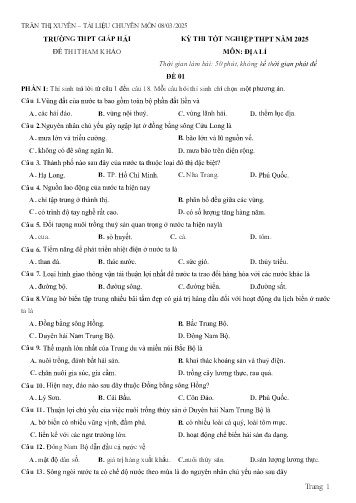 10 Đề thi tốt nghiệp THPT năm 2025 môn Địa lí - Trường THPT Giáp Hải (Có đáp án)
