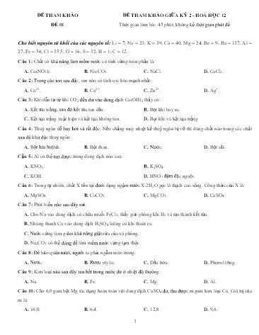 3 Đề tham khảo giữa học kì II Hóa học 12