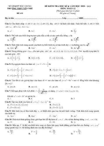 4 Đề kiểm tra học kì II Toán 12 - Năm học 2020-2021 - Trường THPT Yên Thế (Có đáp án)