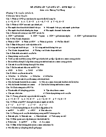 Đề cương ôn giữa kì Sinh học 12 - Hoàng Việt Hưng