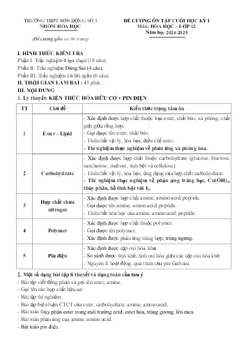 Đề cương ôn tập cuối học kì I Hóa học 12 - Năm học 2024-2025 - Trường THPT Sơn Động số 3