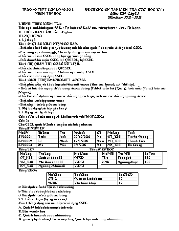 Đề cương ôn tập kiểm tra cuối học kì I Tin học 12 - Năm học 2022-2023 - Trường THPT Sơn Động số 3