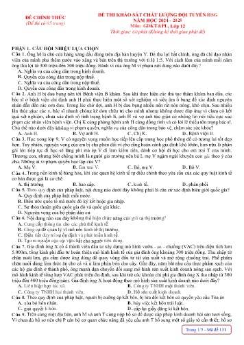 Đề khảo sát chất lượng HSG GDKT&PL 12 - Mã đề 131 - Năm học 2024-2025