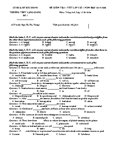 Đề kiểm tra 1 tiết học kì I Tiếng Anh 12 - Lần 2 - Năm học 2019-2020 - Trường THPT Lạng Giang số 1 (Có đáp án + Ma trận)