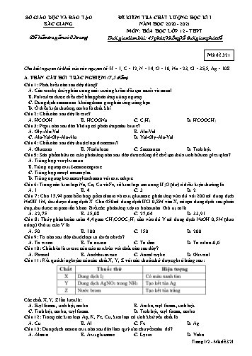 Đề kiểm tra chất lượng học kì I Hóa học 12 - Mã đề 321 - Năm học 2020-2021 - Sở GD&ĐT Bắc Giang (Có đáp án)