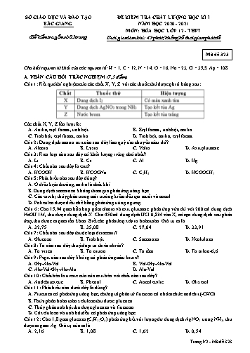 Đề kiểm tra chất lượng học kì I Hóa học 12 - Mã đề 323 - Năm học 2020-2021 - Sở GD&ĐT Bắc Giang (Có đáp án)