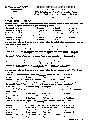 Đề kiểm tra chất lượng học kì I Tiếng Anh 12 - Mã đề 121 - Năm học 2018-2019 - Sở GD&ĐT Bắc Giang (Có đáp án)