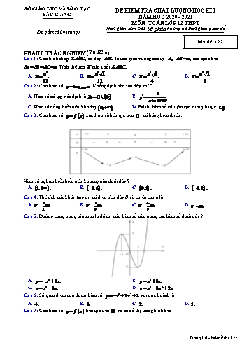 Đề kiểm tra chất lượng học kì I Toán 12 - Mã đề 122 - Năm học 2020-2021 - Sở GD&ĐT Bắc Giang (Có đáp án)