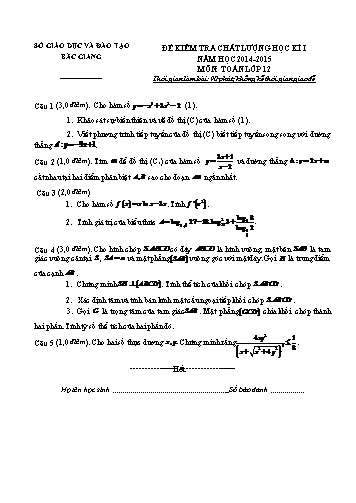 Đề kiểm tra chất lượng học kì I Toán 12 - Năm học 2014-2015 - Sở GD&ĐT Bắc Giang (Có đáp án)