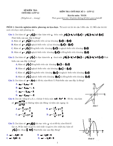 Đề kiểm tra cuối học kì I môn Toán 12 (Có đáp án)