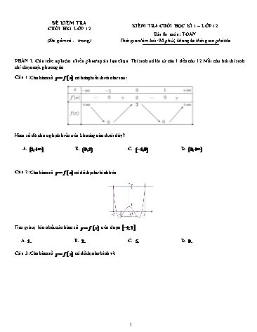 Đề kiểm tra cuối học kì I môn Toán học Khối 12 (Có đáp án)