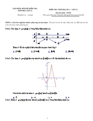 Đề kiểm tra cuối học kì I môn Toán Lớp 12 (Có đáp án)