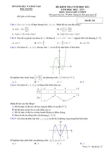 Đề kiểm tra cuối học kì I Toán 12 - Mã đề 121 - Năm học 2022-2023 - Sở GD&ĐT Bắc Giang
