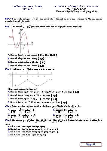 Đề kiểm tra cuối học kì I Toán 12 - Năm học 2024-2025 - Trường THPT Nguyễn Huệ (Có đáp án)