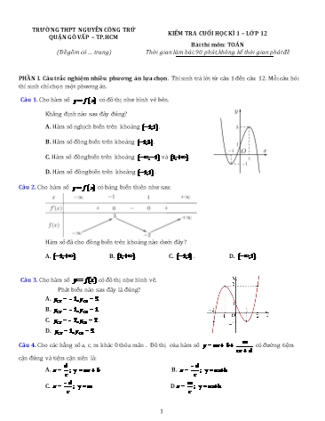 Đề kiểm tra cuối học kì I Toán 12 - Trường THPT Nguyễn Công Trứ (Có đáp án)