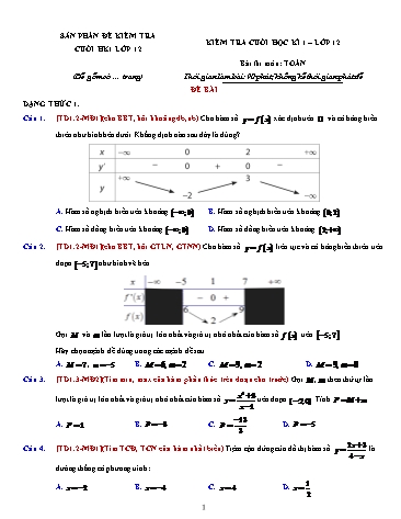 Đề kiểm tra cuối học kì I Toán học 12 (Có đáp án)