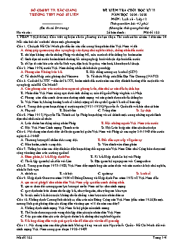 Đề kiểm tra cuối học kì II Lịch sử 12 - Mã đề 103 - Năm học 2024-2025 - Trường THPT Ngô Sĩ Liên (Có đáp án + Ma trận)