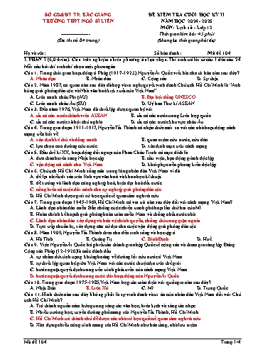Đề kiểm tra cuối học kì II Lịch sử 12 - Mã đề 104 - Năm học 2024-2025 - Trường THPT Ngô Sĩ Liên (Có đáp án + Ma trận)