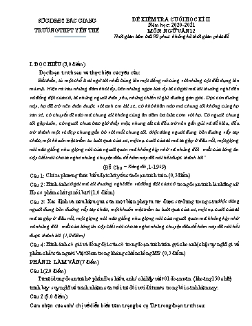 Đề kiểm tra cuối học kì II Ngữ văn 12 - Năm học 2020-2021 - Trường THPT Yên Thế (Có đáp án + Ma trận)