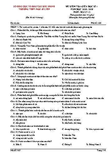 Đề kiểm tra giữa học kì I Địa lí 12 - Mã đề 105 - Năm học 2024-2025 - Trường THPT Ngô Sĩ Liên (Có đáp án + Ma trận)