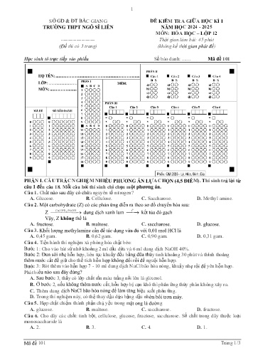 Đề kiểm tra giữa học kì I Hóa học 12 - Mã đề 101 - Năm học 2024-2025 - Trường THPT Ngô Sĩ Liên (Có đáp án)