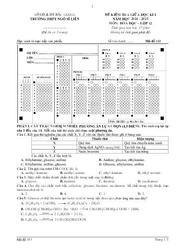 Đề kiểm tra giữa học kì I Hóa học 12 - Mã đề 103 - Năm học 2024-2025 - Trường THPT Ngô Sĩ Liên (Có đáp án)