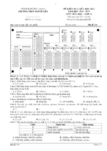 Đề kiểm tra giữa học kì I Hóa học 12 - Mã đề 104 - Năm học 2024-2025 - Trường THPT Ngô Sĩ Liên (Có đáp án)