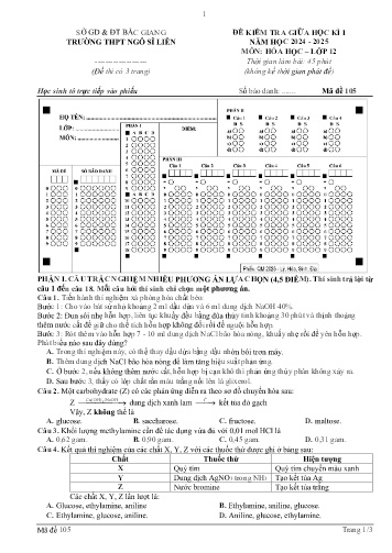 Đề kiểm tra giữa học kì I Hóa học 12 - Mã đề 105 - Năm học 2024-2025 - Trường THPT Ngô Sĩ Liên (Có đáp án)