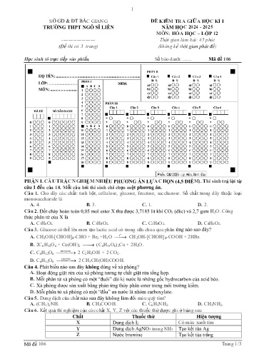 Đề kiểm tra giữa học kì I Hóa học 12 - Mã đề 106 - Năm học 2024-2025 - Trường THPT Ngô Sĩ Liên (Có đáp án)