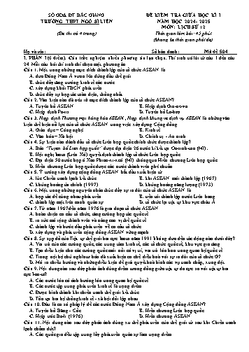 Đề kiểm tra giữa học kì I Lịch sử 12 - Mã đề 504 - Năm học 2024-2025 - Trường THPT Ngô Sĩ Liên (Có đáp án + Ma trận)