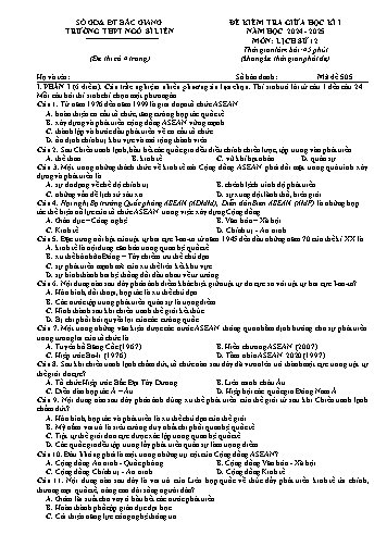 Đề kiểm tra giữa học kì I Lịch sử 12 - Mã đề 505 - Năm học 2024-2025 - Trường THPT Ngô Sĩ Liên (Có đáp án + Ma trận)