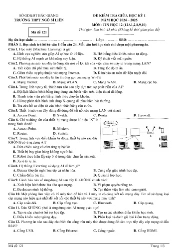 Đề kiểm tra giữa học kì I Tin học 12 - Mã đề 121 - Năm học 2024-2025 - Trường THPT Ngô Sĩ Liên (Có đáp án)