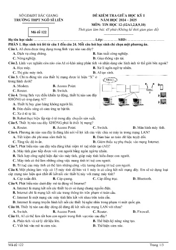Đề kiểm tra giữa học kì I Tin học 12 - Mã đề 122 - Năm học 2024-2025 - Trường THPT Ngô Sĩ Liên (Có đáp án)