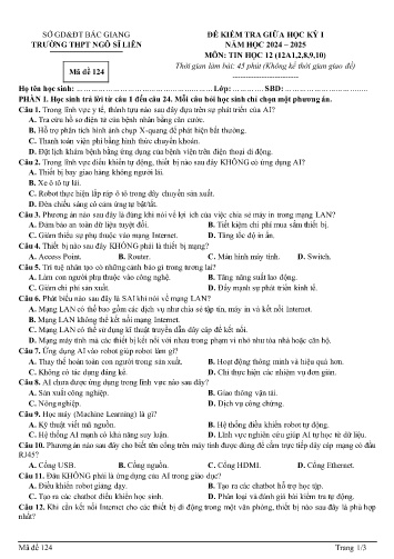 Đề kiểm tra giữa học kì I Tin học 12 - Mã đề 124 - Năm học 2024-2025 - Trường THPT Ngô Sĩ Liên (Có đáp án)