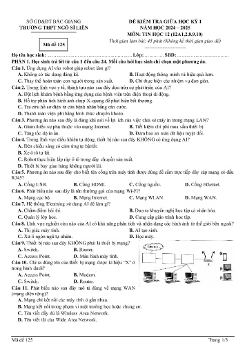 Đề kiểm tra giữa học kì I Tin học 12 - Mã đề 125 - Năm học 2024-2025 - Trường THPT Ngô Sĩ Liên (Có đáp án)