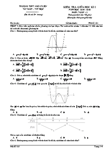 Đề kiểm tra giữa học kì I Toán 12 - Mã đề 101 - Năm học 2024-2025 - Trường THPT Ngô Sĩ Liên (Có đáp án + Ma trận)