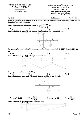 Đề kiểm tra giữa học kì I Toán 12 - Mã đề 103 - Năm học 2024-2025 - Trường THPT Ngô Sĩ Liên (Có đáp án + Ma trận)