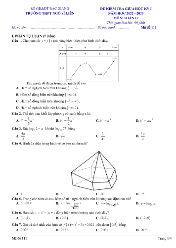 Đề kiểm tra giữa học kì I Toán 12 - Mã đề 111 - Năm học 2022-2023 - Trường THPT Ngô Sĩ Liên