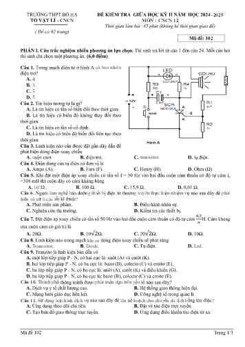 Đề kiểm tra giữa học kì II Công nghệ 12 - Mã đề 102 - Năm học 2024-2025 - Trường THPT Bố Hạ (Có đáp án + Ma trận)