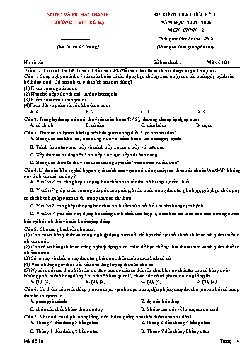 Đề kiểm tra giữa học kì II Công nghệ Lớp 12 - Mã đề 101 - Năm học 2024-2025 - Trường THPT Bố Hạ (Có đáp án)
