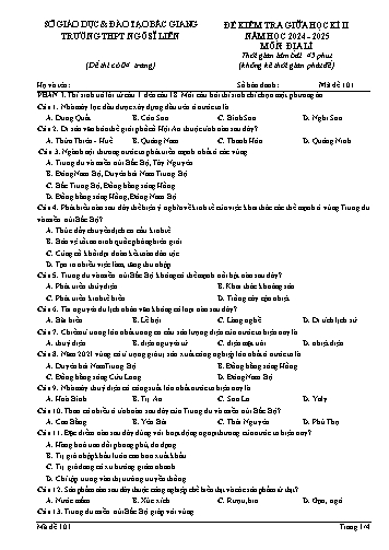 Đề kiểm tra giữa học kì II Địa lí 12 - Mã đề 101 - Năm học 2024-2025 - Trường THPT Ngô Sĩ Liên (Có đáp án + Ma trận)