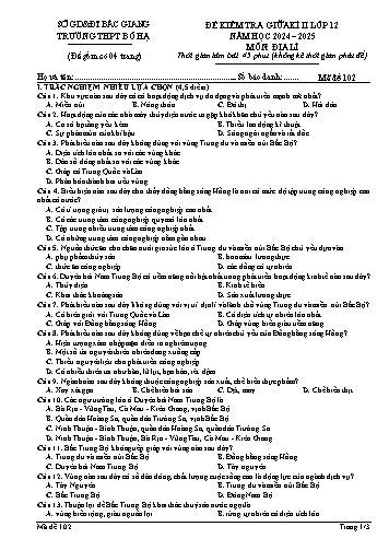 Đề kiểm tra giữa học kì II Địa lí 12 - Mã đề 102 - Năm học 2024-2025 - Trường THPT Hạ Bố (Có đáp án + Ma trận)