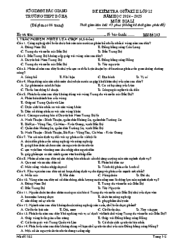 Đề kiểm tra giữa học kì II Địa lí 12 - Mã đề 103 - Năm học 2024-2025 - Trường THPT Hạ Bố (Có đáp án + Ma trận)
