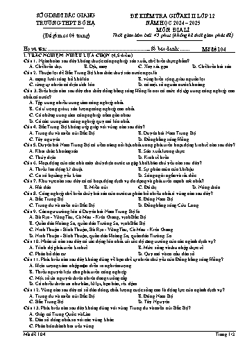 Đề kiểm tra giữa học kì II Địa lí 12 - Mã đề 104 - Năm học 2024-2025 - Trường THPT Hạ Bố (Có đáp án + Ma trận)