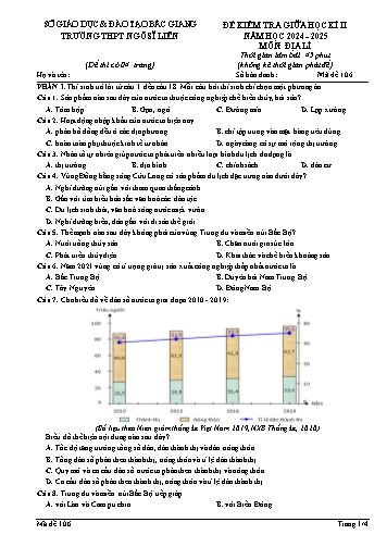 Đề kiểm tra giữa học kì II Địa lí 12 - Mã đề 106 - Năm học 2024-2025 - Trường THPT Ngô Sĩ Liên (Có đáp án + Ma trận)