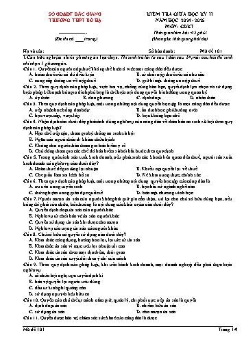Đề kiểm tra giữa học kì II GDKT&PL 12 - Mã đề 101 - Năm học 2024-2025 - Trường THPT Bố Hạ (Có đáp án + Ma trận)