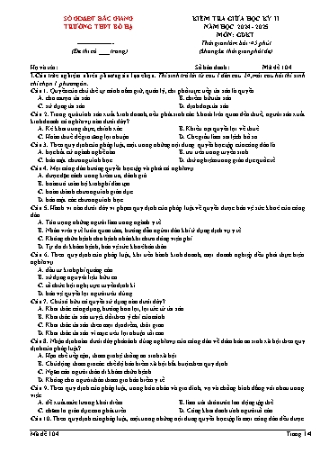 Đề kiểm tra giữa học kì II GDKT&PL 12 - Mã đề 104 - Năm học 2024-2025 - Trường THPT Bố Hạ (Có đáp án + Ma trận)