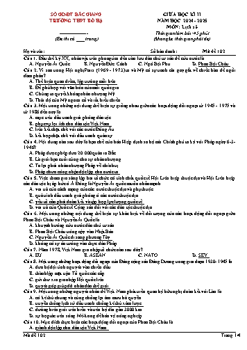 Đề kiểm tra giữa học kì II Lịch sử 12 - Mã đề 102 - Năm học 2024-2025 - Trường THPT Bố Hạ (Có đáp án)