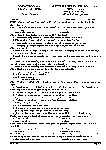 Đề kiểm tra giữa học kì II Sinh học 12 - Mã đề 101 - Năm học 2024-2025 - Trường THPT Bố Hạ (Có đáp án + Ma trận)