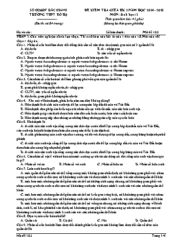 Đề kiểm tra giữa học kì II Sinh học 12 - Mã đề 103 - Năm học 2024-2025 - Trường THPT Bố Hạ (Có đáp án + Ma trận)